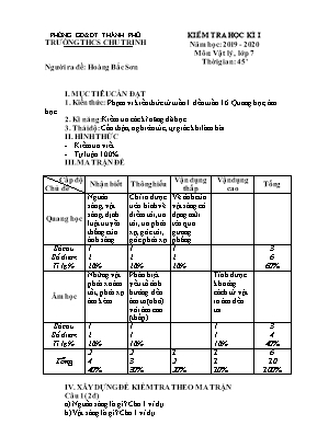 Đề kiểm tra học kỳ I môn Vật lý Lớp 7 - Năm học 2019-2020 - Trường THCS Chu Trinh (Có đáp án)